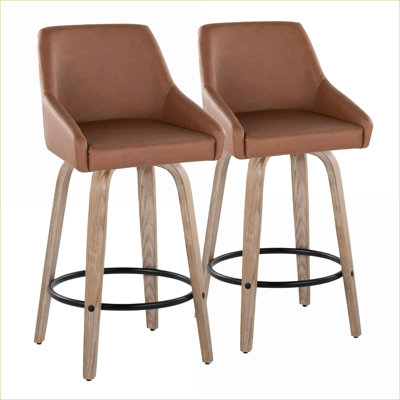 Set of 2 26" Swivel Counter Dining Chairs for Adults, Off-White Whitewashed Wood, Tan Brown Camel Faux Leather, Black Metal Footrest
