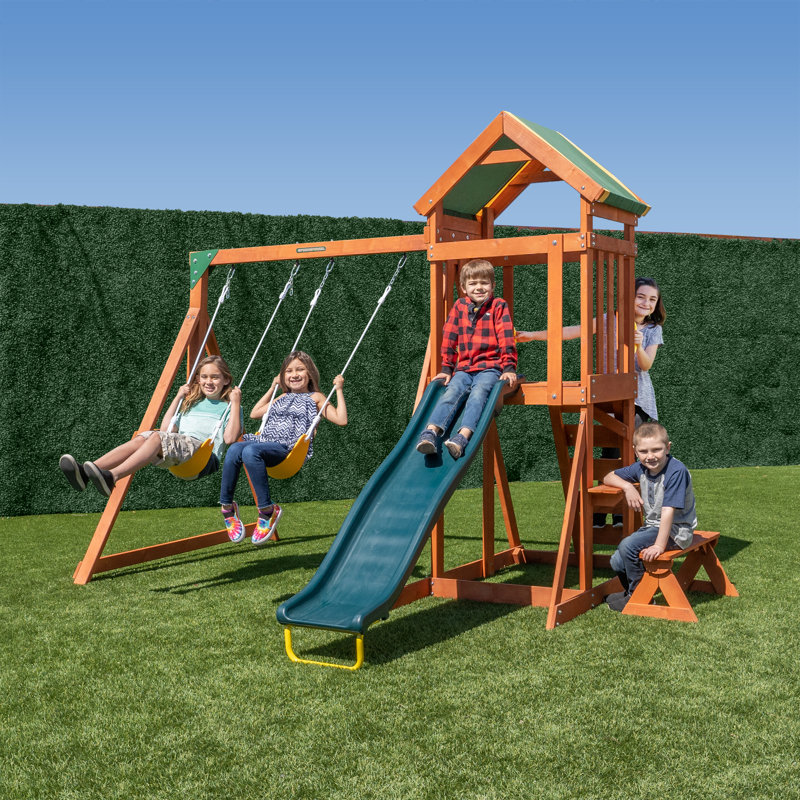 Scottsdale Brown Wood Outdoor Swing Set with Slide and Fort