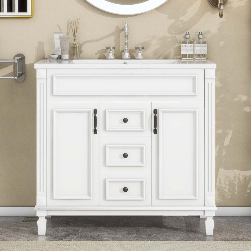 Meuble-lavabo 36 po avec lavabo supérieur avec 2 portes et 2 tiroirs, Blanc