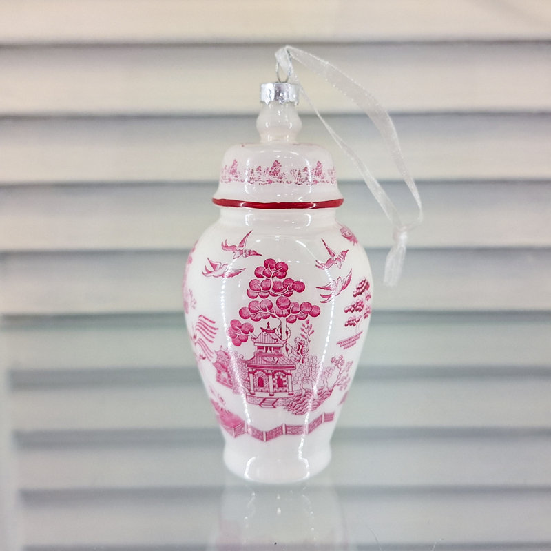 Ginger Jar Glass Ornament, White/Pink