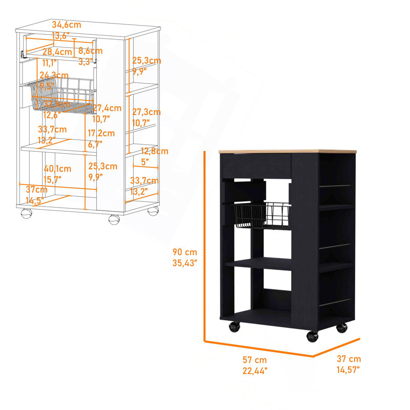 Chariot de cuisine Shelton, deux tablettes ouvertes, un tiroir, quatre roulettes