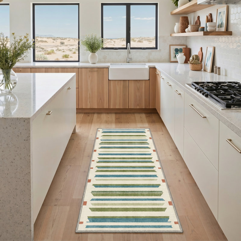 Zenith Modern Machine Washable Beige / Green / Blue Indoor Area Rug with Non-Slip Backing, Runner 2' x 6'