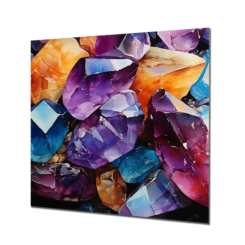 Orange et cristal mauve guérissant I - pierre, géode d'art mural en métal, H 16 po x l 16 po