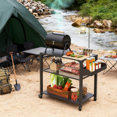 Table de four à roulettes 41,3 po en acier noir, chariot de barbecue extérieur à 3 niveaux avec supports de rangement et poignée latérale pour barbecue de patio