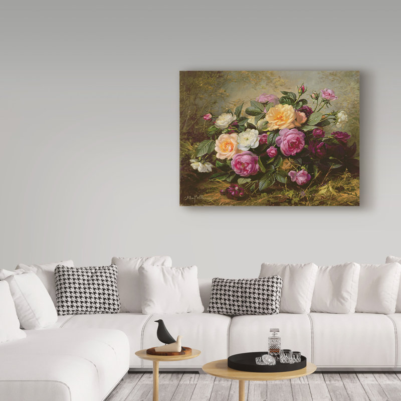 « full souffle roses », reproduction de peinture à l’huile sur toile tendue, H 14 po x l 19 po x P 2 po