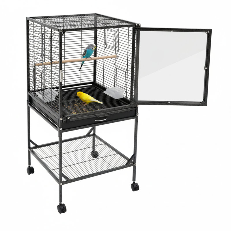 Cage à oiseaux en métal avec tablette de rangement et 4 roues universelles, grande cage mobile pour 2 ou 3 oiseaux, Noir