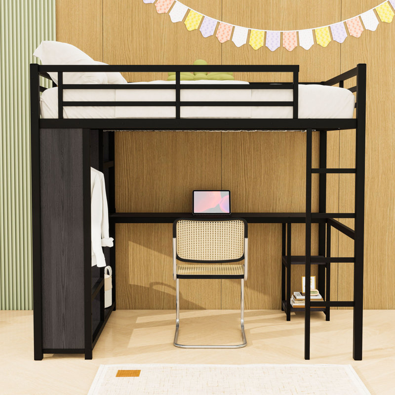 Metal Loft Bed with Wardrobe, Desk and Storage Shelves, Black, Full