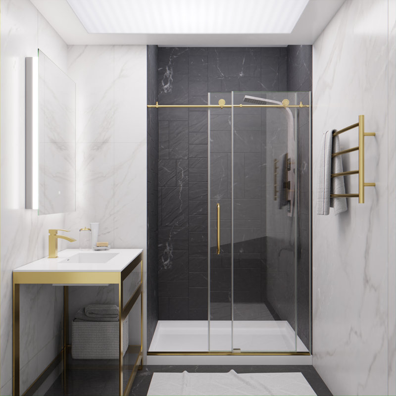 48'' W x 76'' H Single Sliding Frameless Shower Door with Clear Glass, Brushed Gold