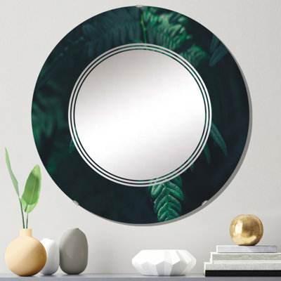 Feuille de fougère vert foncé sur fond noir V - miroir mural tropical