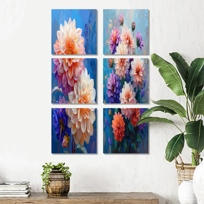 Dance Of Pink Blue Dahlia Flowers Collage - Dahlia Wall Decor Set Of 6
