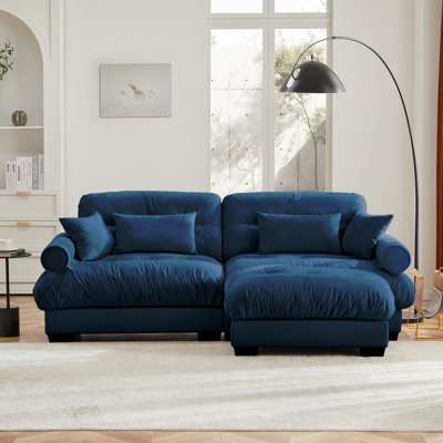 Canapé deux places surdimensionné moderne avec repose-pieds, fauteuil en velours 2 places avec accoudoirs à traversin rond, avec coussin de taille et coussins décoratifs, petit canapé en forme de L pour le salon, salle de lecture bleue