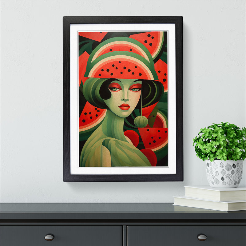 Watermelon Art Deco Art - Framed Print, 64cm H x 46cm W, Black Framed