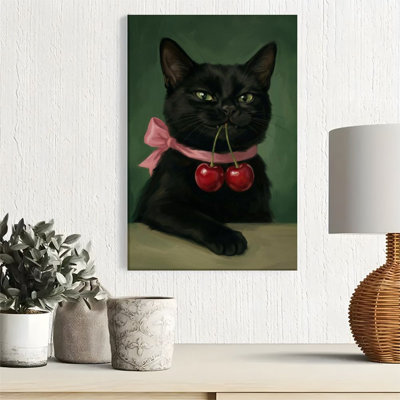 1pc Framed Canvas Wall Art Prints Poster, Black Cat, Cherries and Pink Bow, Classical Realism Style Art Posters Canvas Print Painting for Living Room
