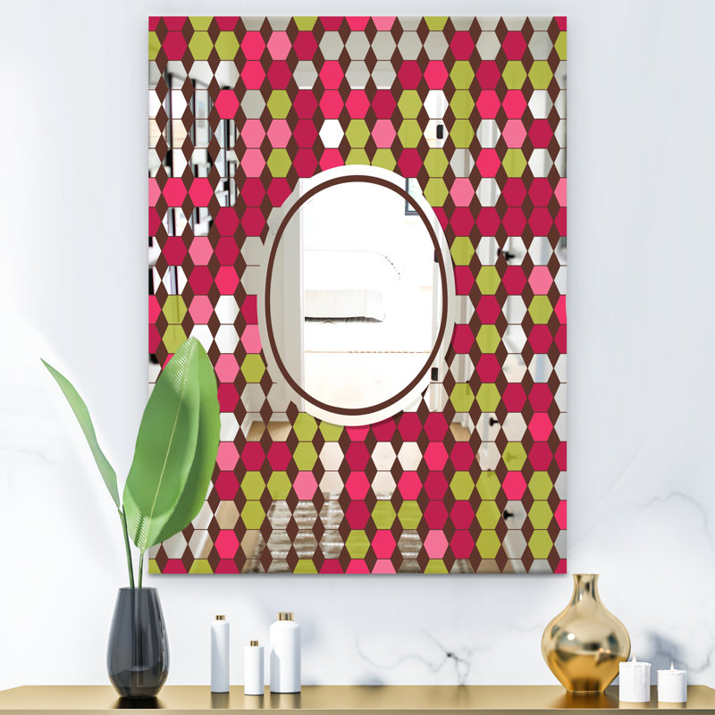 Hexagones roses et vertes - Miroir Mid-Century - Miroir mural, H 24 po x l 32 po x P 0,24 po