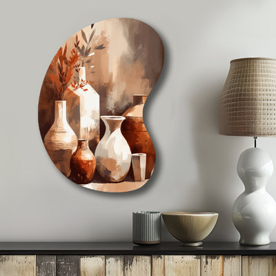 «Brown and Cream Earthen Elegant Vase II - Unique Shape Boho Pottery Décoration murale en métal, sculpture murale asymétrique en métal