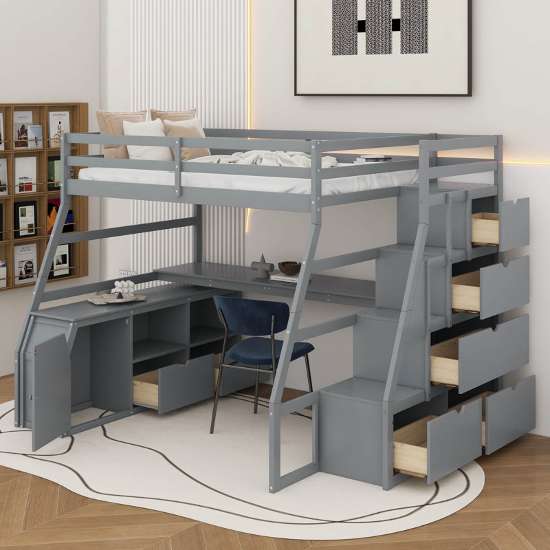 Lit mezzanine double avec 7 tiroirs et bureau, Gris