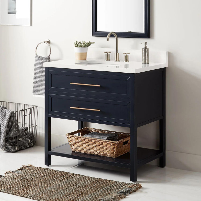 36" Robertson Single Bathroom Vanity Set with Rectangle Undermount Sink, 8" Widespread, White, Arctic White Quartz