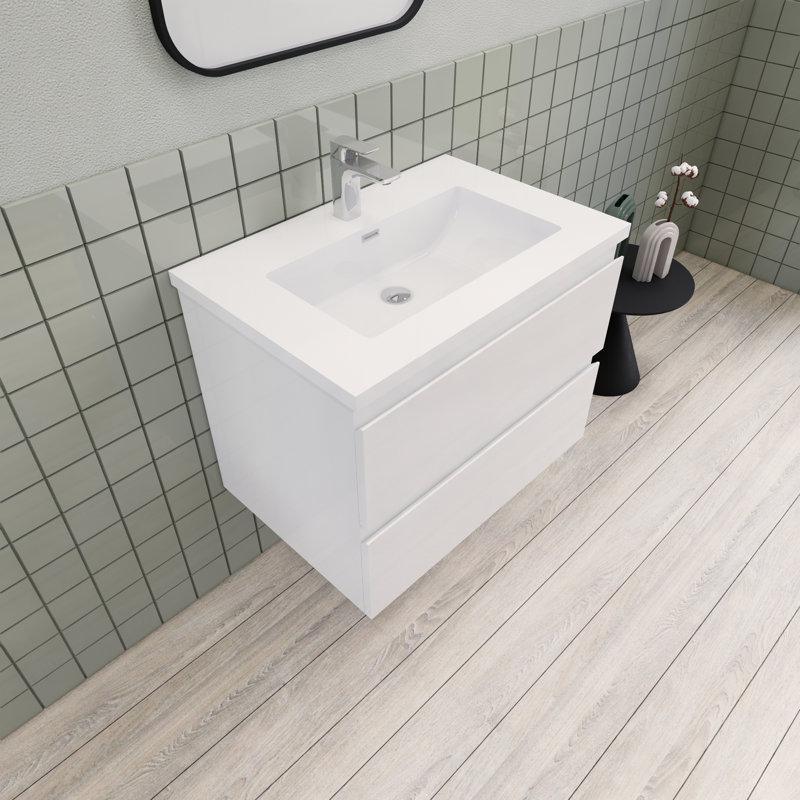 Meuble-lavabo flottant moderne simple Alcester Ivy Bronx, Blanc lustré