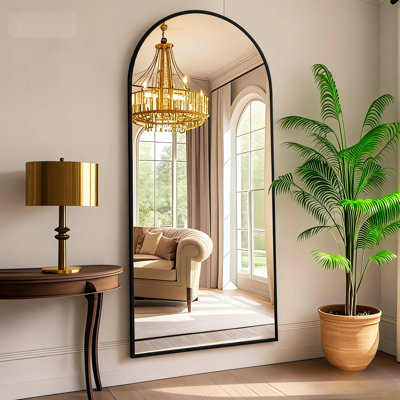 Miroir de plancher pleine longueur arqué, 58 po x 19 po, miroir pleine grandeur avec support pour accrocher ou se pencher dans la chambre à coucher, salon (noir)