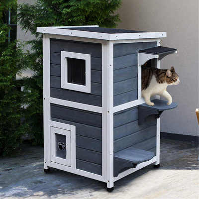 Outdoor Cat House With Escape Door, 2 - Story Wooden Shelter, Asphalt Slanted Roof, Dark Gray, Hinged Roof For Easy Cleaning, 20"l X 20"w 32"h Door An