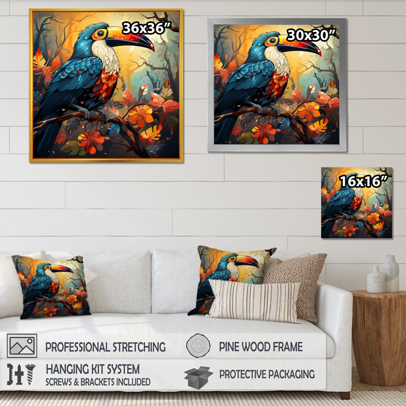 Bleu et jaune, toucans tropicaux IV - art mural Toucan, Toile tendue, H 30 po x l 30 po x P 1,5 po