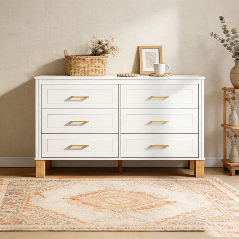 Modern Storage Cabinet with Metal Handles & Solid Wood Legs, White