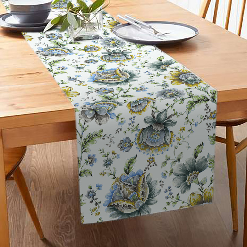 Delyth Handmade Floral Table Runner Jaco Blue Polyester Dining Table Runner for Luxurious Table Decor
