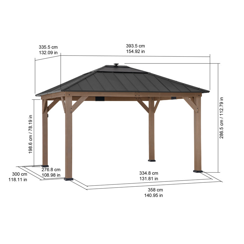Sunjoy 11’ x 13’ Grayden Wood Gazebo , Outdoor Patio Solar Powered Hardtop Gazebo with One-Tier Metal Roof, LED Light  and Ceiling Hook