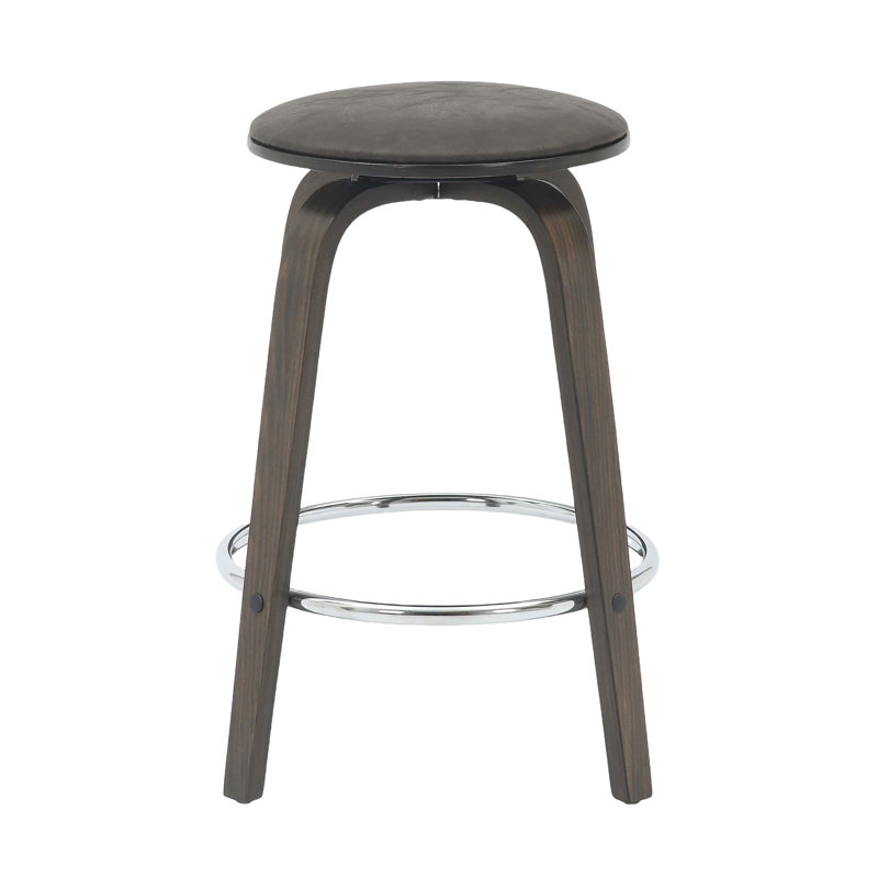 Hoxha Leather Round Counter Stool With Stained Poplar Wood Frame And 360-Degree Swivel Hoxha Collection, Black/Dark Walnut