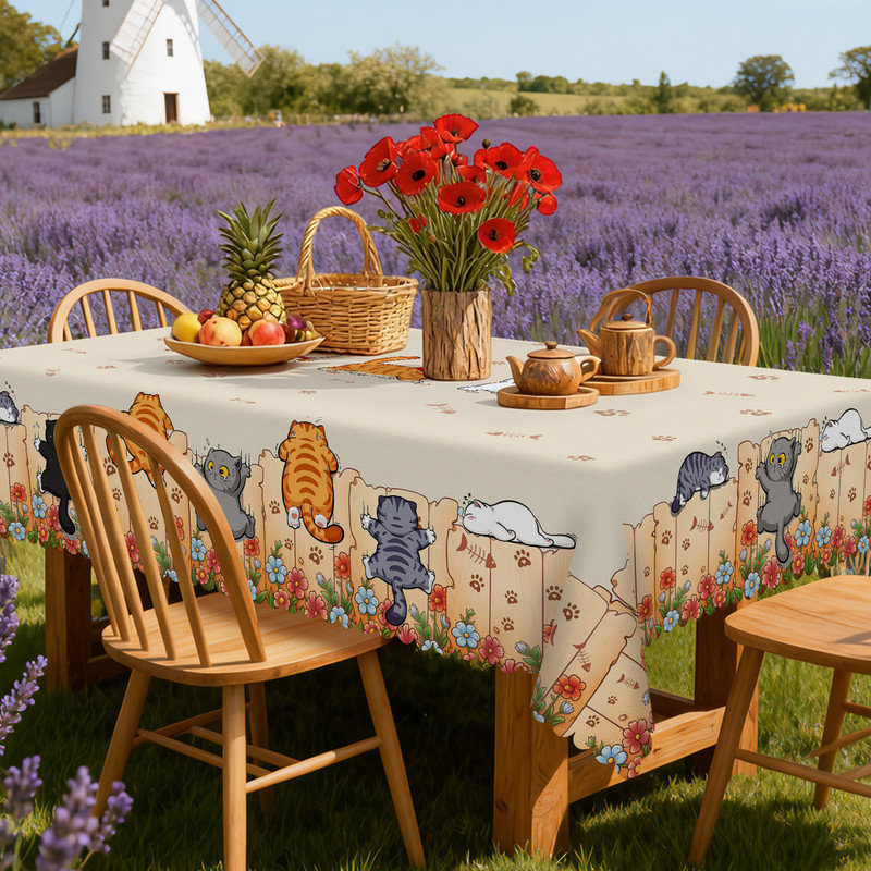 Beige Washable Polyester Tablecloth with Pet Cartoon Cat Design, 70.8" L x 55.12" W