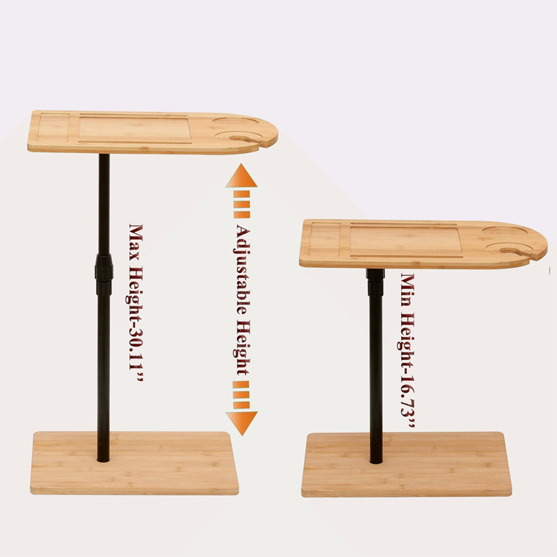 Couch Tray Table Bamboo Height Adjustable Side Table For Sofa C-Shaped Oval End Tables With Slots For Bed & Chairs In Living Room & Bedroom