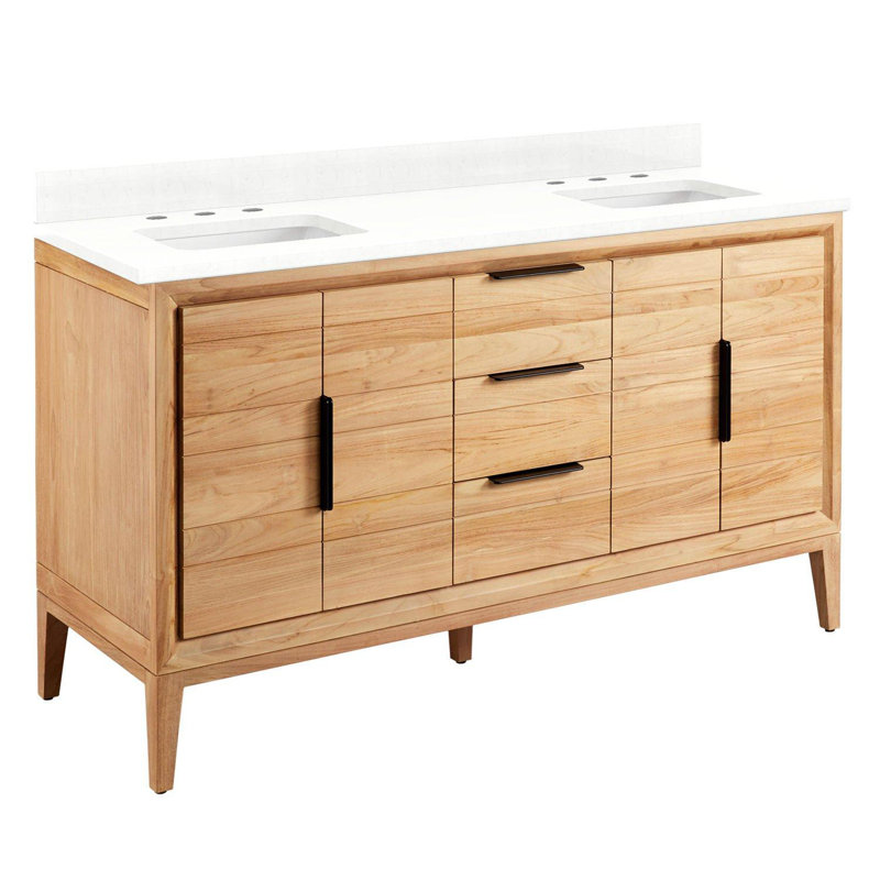 Meuble-lavabo double 60 po Aliso, 8 po, Quartz blanc plume, Teck naturel