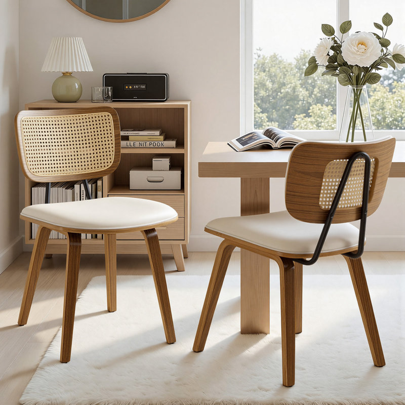 Faux Leather Upholstered Side Chair Dining Chair And Walnut Wood Finish, 2, White
