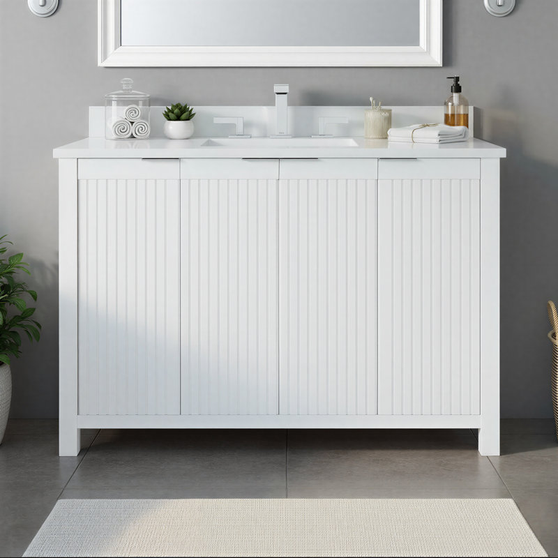 Meuble-lavabo simple 48 po traversant Lines, Blanc, 8 po