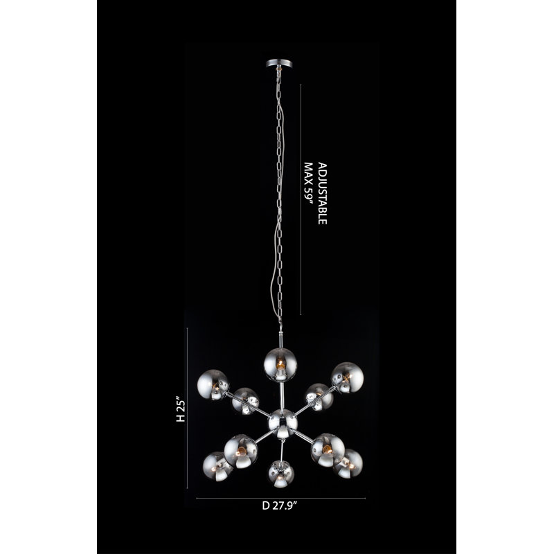 10-Light Chrome Chandelier With Smoke Glass Shades, Chrome