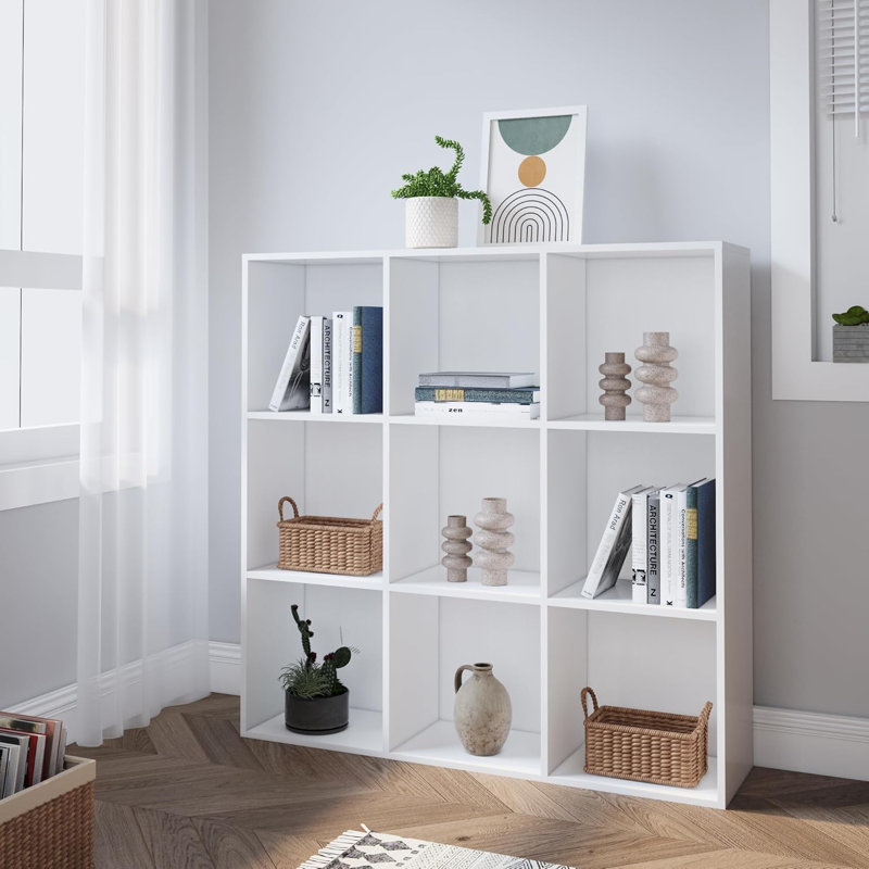 Ebern Designs Bookcase, 9 Cube Open Storage Organizer Display Bookshelf, 35.1"H x 35.1" W x 11.8"D, Ivory White