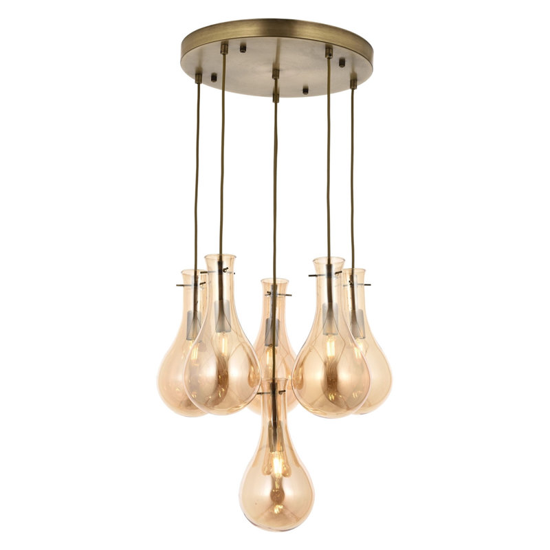 Luminaire suspendu en grappe à 6 lumières, Or, Ambre