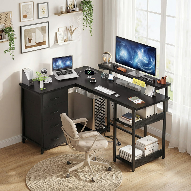 L-Shaped Metal Base Computer Desk, 88cm. H x 135cm. W x 100cm. D, Black