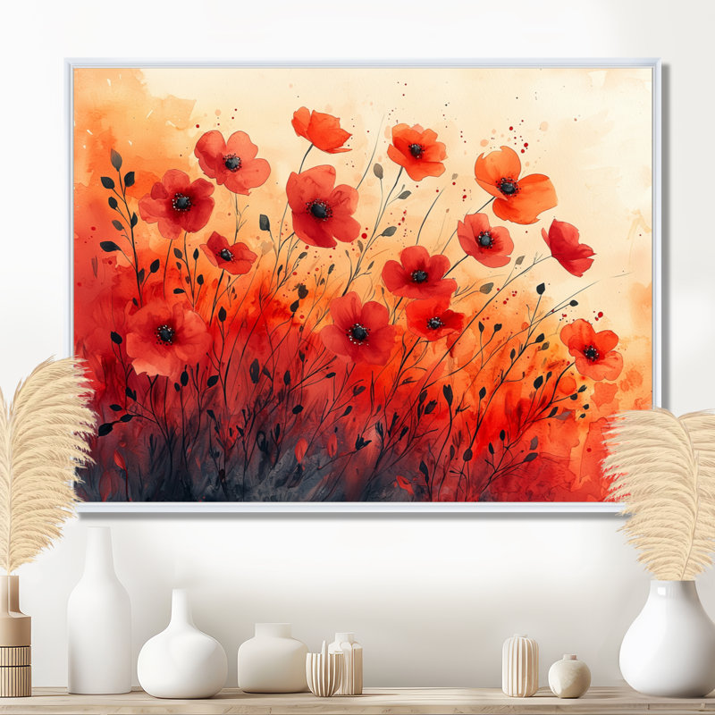 «Autumn Dance Of The Sunset Poppies III» - Art mural coquelicots, 34" H x 44" W, Cadre flottant blanc