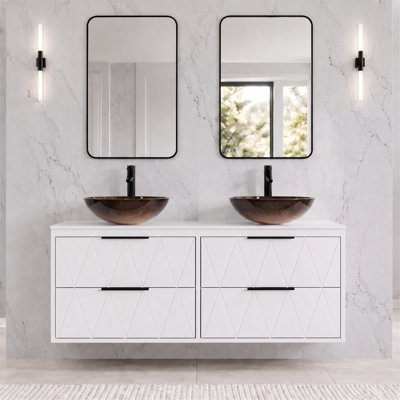 48" Wall Mounted Floating Double Bathroom Vanity with Artistic Vessel Sinks, Hand-Painted, 4 Soft-Close Drawers