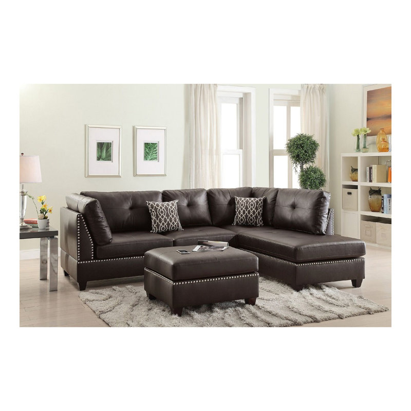 3 pièces Canapé modulaire espresso en cuir reconstitué avec méridienne réversible