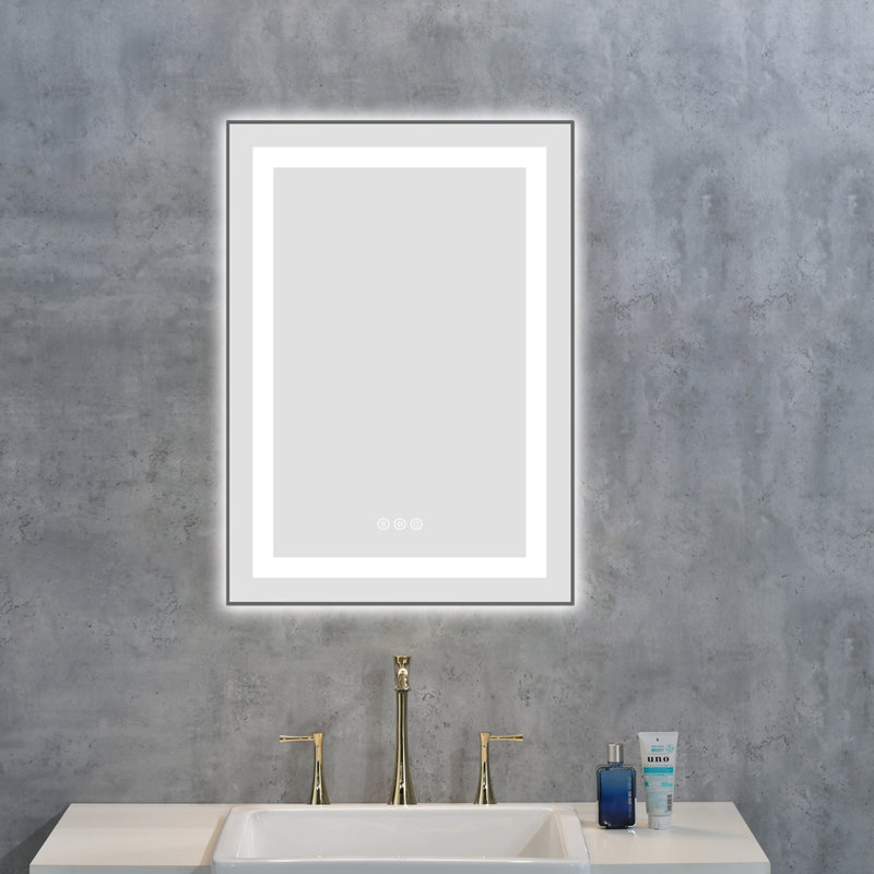 LED Bathroom Mirror with Front and Backlight, 20" x 28", Gun Ash, Rectangle