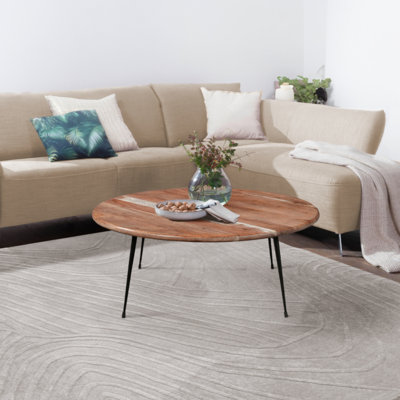 Table basse 35 po, plateau rond en bois d'acacia brun sablé, pieds en fer élégants