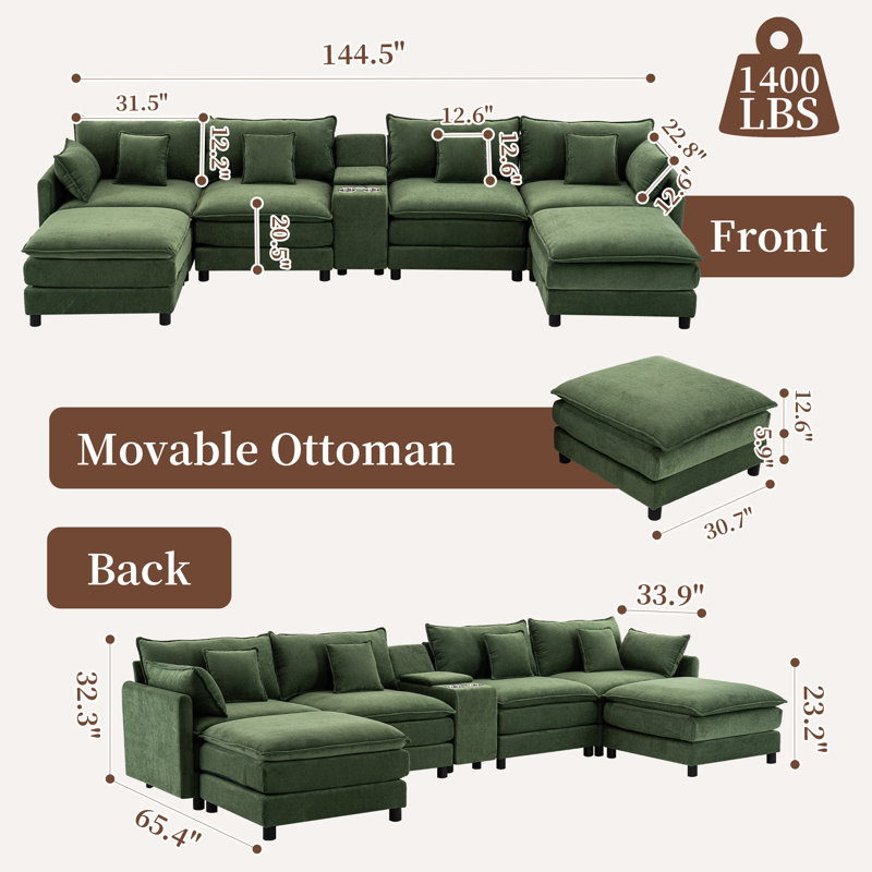 Canapé modulaire en forme de U 144 po en chenille verte avec table basse et assise profonde 144 po, Chenille verte