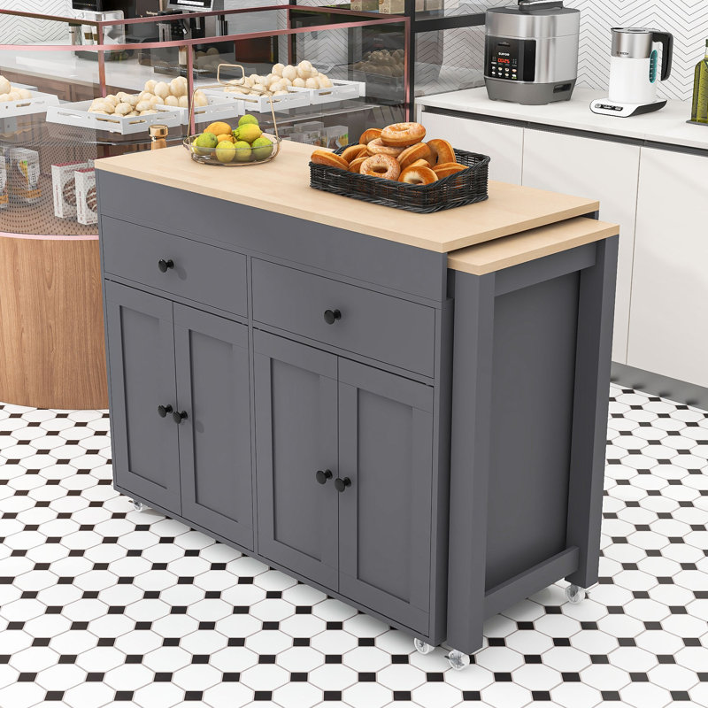 Versatile Kitchen Cart with Lockable Wheels, Extendable Table, and Spacious Cabinets, Gray