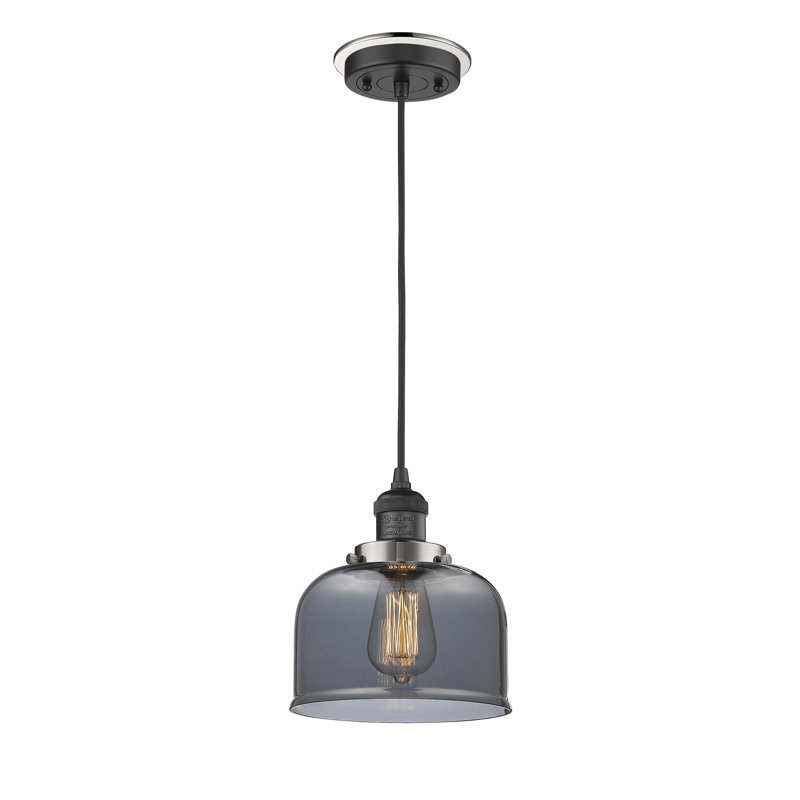 Luminaire suspendu en forme de cloche à 1 lumière Bissonnette, Plaqué couleur fumée, Noir mat avec détails en nickel poli