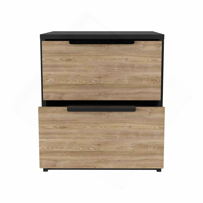 Modern Nightstand 19" H, Two Drawers, Black / Pine, Black/Natural