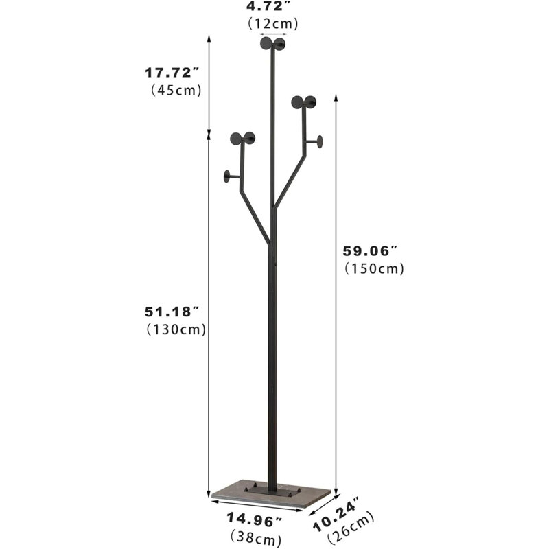 Tree Shaped Metal Coat Rack With Heavy-Duty Marble Base, Black