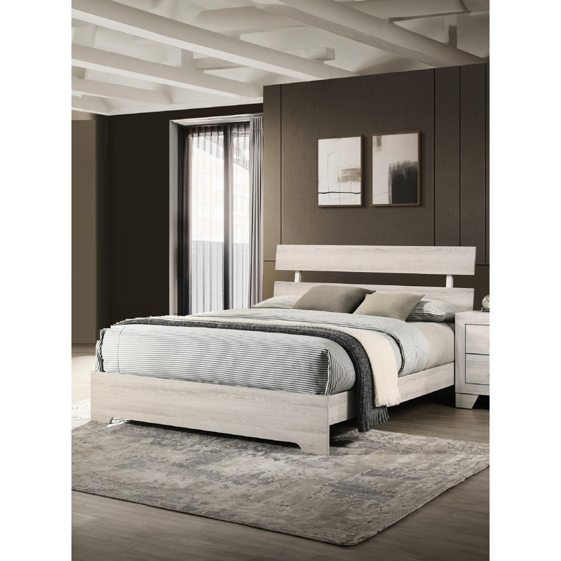 Contemporary Rustic Low - Profile Queen Platform Bed, White Washed Bedroom In One Box For Bed Frame, Platform, Style, Wash Finish