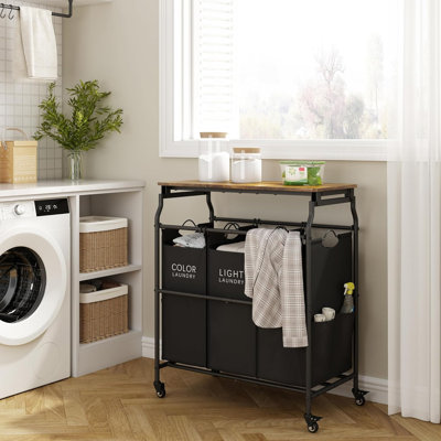3 Section Laundry Sorter with Ironing Board, Hamper with Wheels,Lockable Wheels, Laundry Basket Organizer, Removable Bags,Black